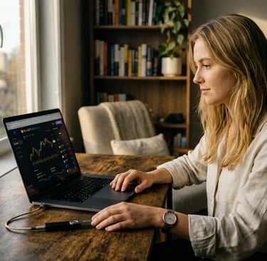 Mulher loira em um escritório doméstico premium, analisando gráficos de criptomoedas em um notebook conectado a uma carteira