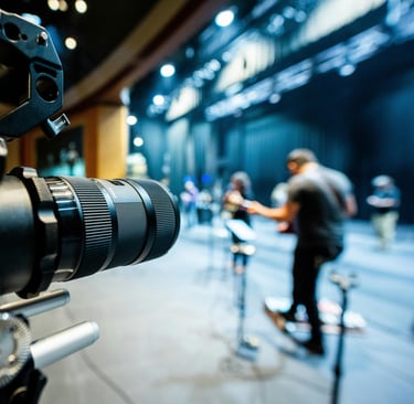 Professional cinema camera lens filming a live band performance on a professional stage with stage lighting.
