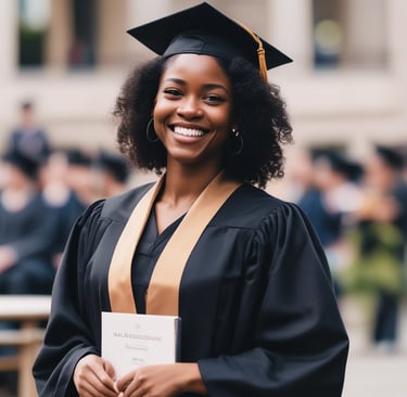 A smiling young female graduate in a black cap and gown holding her diploma at a university commencement ceremony.