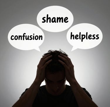 Silhouette of a man holding his head with speech bubbles for shame, fear, confusion, and helpless.