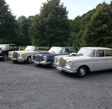 4 Oldtimer stehen in einem Bogen in einer Reihe. 