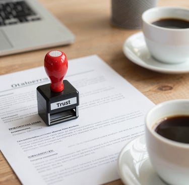 A warm, inviting workspace with a notary stamp, paperwork, and a cup of coffee