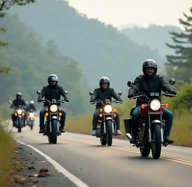 a group of motorbike riders in a hilly road of northeast india