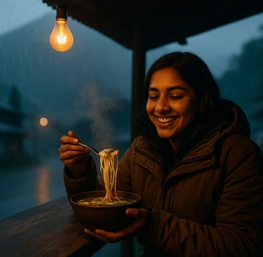 a young woman enjoying a bowl of Thukpa in a raining evening in the mountains of north east india