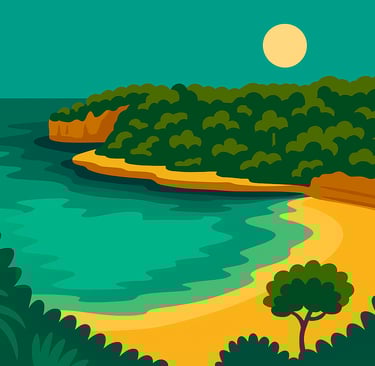 Illustrazione digitale minimalista di una cala di Maiorca con acqua turchese, sabbia dorata e scogliere, in stile travel post