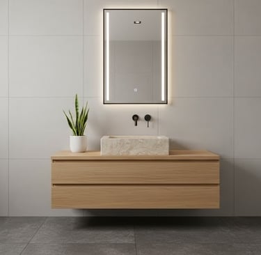 cuba de mármore esculpida instalada sobre um gabinete flutuante de madeira clara com gavetas.