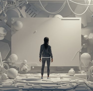 a woman standing in a room with a large window