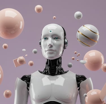 a robot with a white robot in front of a purple background