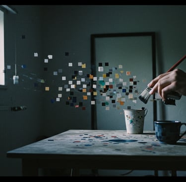 a person painting a picture with a cup of coffee