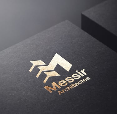 Elegant gold foil architects logo embossed on a textured black paper business card mockup.