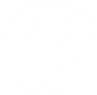 Logo blanc avec une feuille et une forme de V à l'intérieur d'un cercle sur fond noir