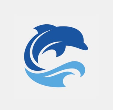 A minimalist blue dolphin logo jumping over ocean waves.