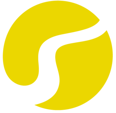 Un logo circulaire jaune minimaliste avec un chemin traversant le centre.