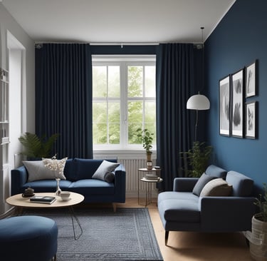 Rénovation d'un salon avec peinture de murs, pose de rideaux et poncage de parquet