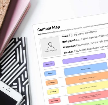 A content map laying on a table next to some notebooks and a pencil.