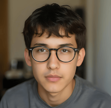 A portrait of a young boy wearing glasses