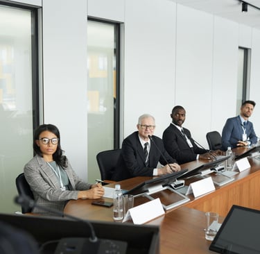 Four people listening attentively to a facilitator during a stakeholder meeting in an office