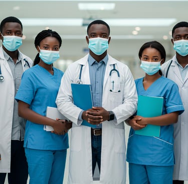 Groupe de professionnels de santé africains portant des blouses médicales et des masques