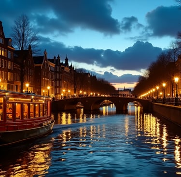 a boat on a river with a bridge in the background