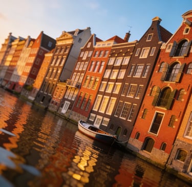 Traditional canal houses in Amsterdam reflected in water at sunset with a boat docked nearby.