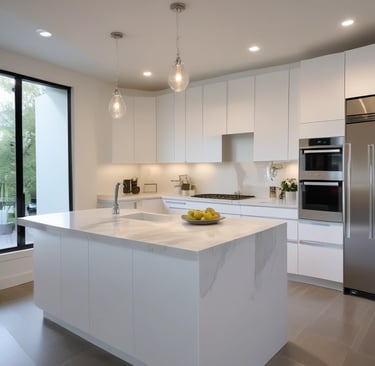 A kitchen with teal cabinets and wooden countertops. The backsplash features artistic sepia-toned images. The room has a modern stove and a stainless steel sink under a window. Exposed wooden beams are visible on the ceiling, with recessed lighting.