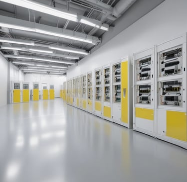 An industrial setting with machinery including a circular metal platform and electronic control panels mounted on a tiled wall. Various pipes and wires run along the walls and ceiling, with different mechanical components visible.