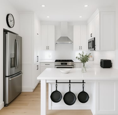 AI-generated kitchen render — generic interior design lacking personality and human judgment