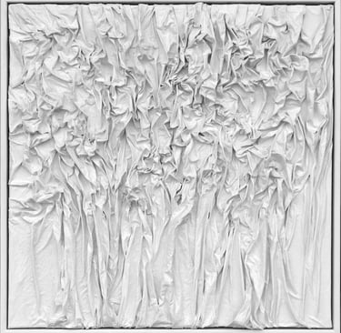 White monochrome 3D textured canvas wall art with draped and pleated fabric folds.