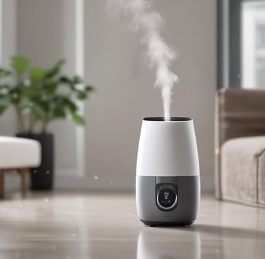 A humidifier or diffuser emitting a visible stream of vapor is placed on a surface, with a dark background that highlights the contrast of the mist. The light from a window or opening casts a subtle glow.