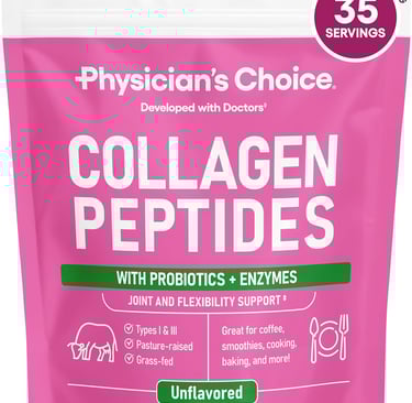 Physician's Choice Collagen Peptides powder bag with probiotics and digestive enzymes for hair, skin, and nails.