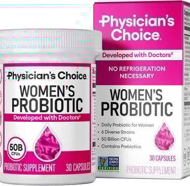 Physician's Choice Women's Probiotic 50 Billion CFU supplement bottle and box with 30 capsules.
