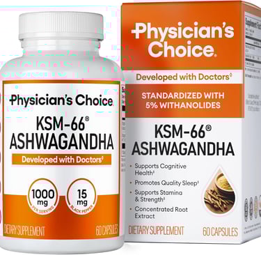 Physician's Choice KSM-66 Ashwagandha dietary supplement bottle and box with 1000mg per serving.