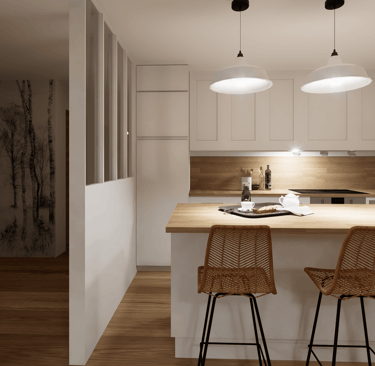 a kitchen with a bar stool and a bar stool