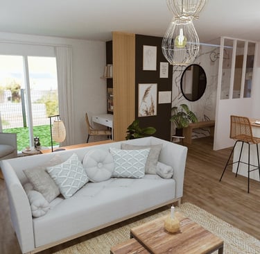 a living room with a couch and a table