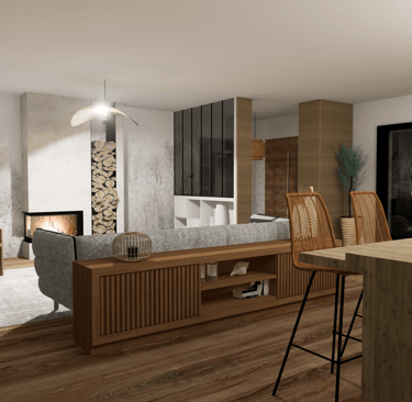 a living room with a couch and a table