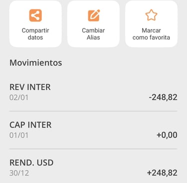 Ejemplo de acreditación de supuesto rendimiento en dólares, y su reverso posterior.