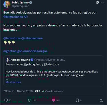 Postagem no X do Ministro das Relações Exteriores da Argentina agradecendo a Aníbal Falivene