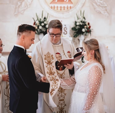 a man and woman getting married in a church