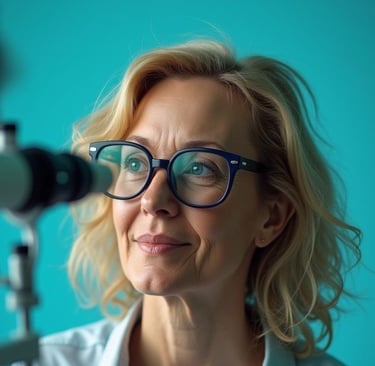 a woman in glasses and a white shirt is looking at the optometry equipment
