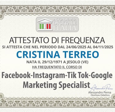 Accademia Digitale Italia certificate for Facebook, Instagram, TikTok, and Google Marketing Specialist course.