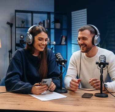 a man and woman in headphones are sitting at a table