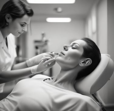 A smiling client receiving an injectable treatment in a comfortable clinic setting.