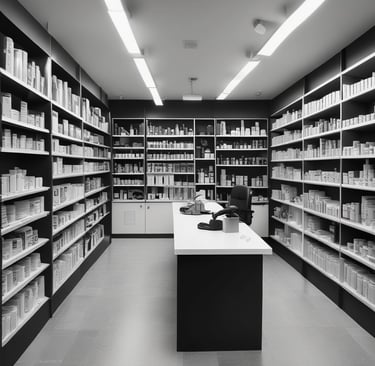 A serene pharmacy interior with modern decor and bright lighting.