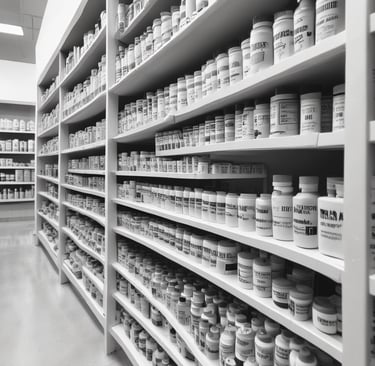 An array of aesthetic products neatly displayed on a pharmacy shelf.