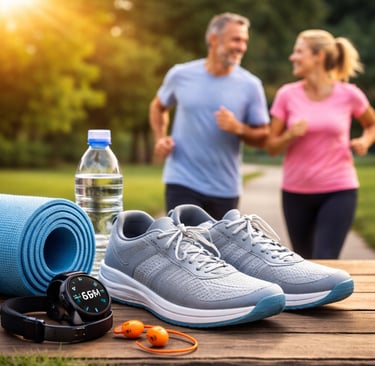 Running gear with sneakers and fitness tracker on a bench with a senior couple jogging in the park.