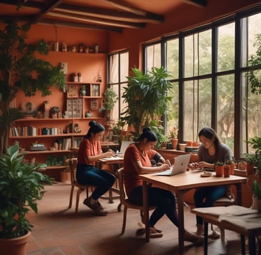 A vibrant mural inspired by Oaxaca's culture in a modern office setting.