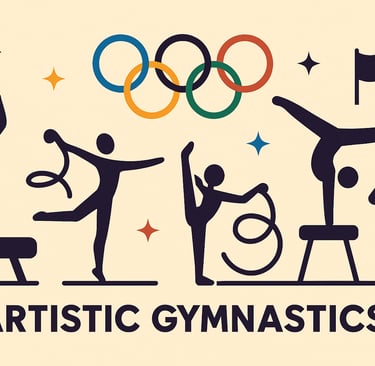 Icon-style Olympic-themed illustration of artistic gymnastics silhouettes performing floor, beam, an