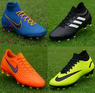 Collage of four colorful football shoes on green grass, including blue, black, orange, and neon yell