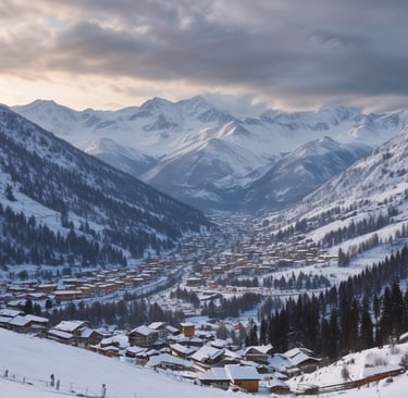A stunning view of mountains with travelers hiking in the foreground.