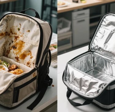 Side-by-side comparison of stained traditional fabric liner vs. clean aluminum foil film interior li